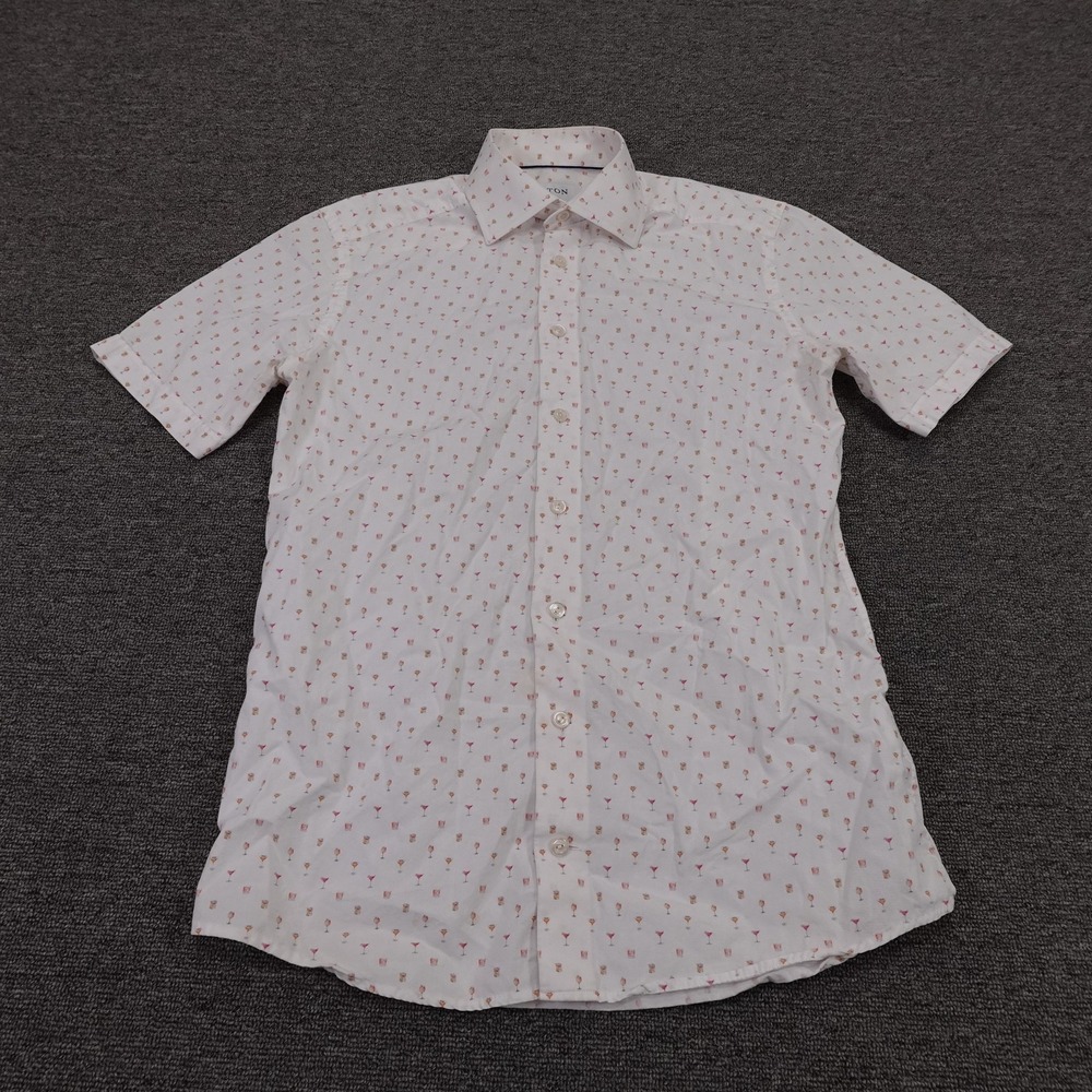 Eton Shirt Mens 38 White‎ Cocktail Print Short Sleeve Button Up Slim Cotton